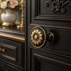 Könnte beinhalten: Nahaufnahme einer dunkelbraunen Tür mit einem dekorativen gold-schwarzen floralen Türknauf. Die Tür hat ein detailliertes Panel-Design und einen passenden dekorativen Akzent. Der Hintergrund zeigt einen Blick auf ein Blumenarrangement und Kerzen.