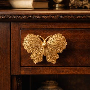 May include: A close-up of a wooden drawer with a gold butterfly-shaped handle. The butterfly handle is intricately detailed with a decorative pattern. The drawer is part of a dark brown wooden cabinet, with other antique items in the background.