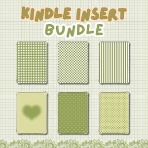 May include: A bundle of Kindle inserts with various green patterns, including gingham, stripes, polka dots, and a heart design. The text "KINDLE INSERT BUNDLE" is displayed at the top in orange and green.