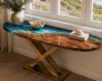 Epoxy Resin Ocean Console Table, Live Edge Wood Entryway Table, Blue Wave River Table, Luxury Beach House Decor, Modern Sofa Table