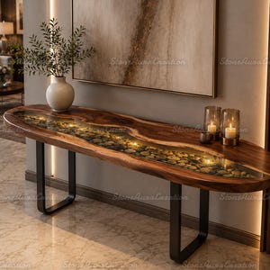 Houten consoletafel Live Edge, Epoxy River, smalle inkomtafel