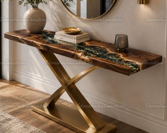 Live Edge Wood Console Table with Epoxy Resin River & Stones, Brass X Base Entryway Table, Luxury Sofa Table, Custom Hallway Decor