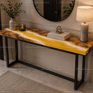 Luxury Yellow Resin River Console Table | Live Edge Wood Hallway Table | Honey Yellow Epoxy Entryway Table | Custom Sofa Bar Table