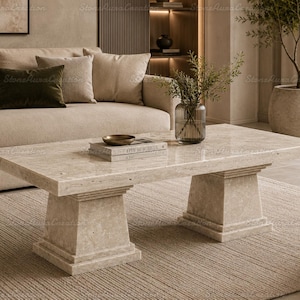Table basse moderne en travertin beige, table basse rectangulaire sur pied en pierre naturelle