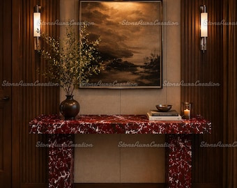 Modern Red Marble Console Table | Luxury Rosso Levanto Entryway Table | Minimalist Stone Sofa Table | Handmade Red Veined Marble Furniture