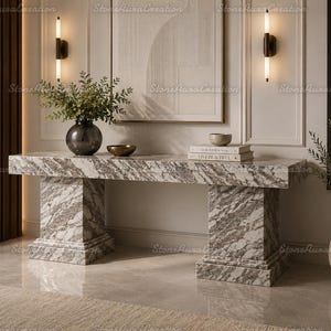 Calacatta Marble Console Table, Modernist Block Pedestal, Natural Stone Hallway Furniture