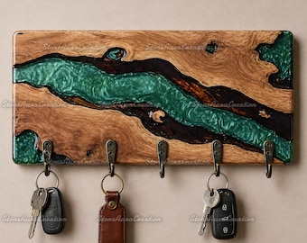 Rustic Wood & Resin Key Holder with Shelf, Teal River Live Edge Key Hanger, Handmade Entryway Organizer, Coastal Wall Decor, House Gift