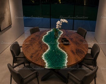 Luxury Round Epoxy Resin Dining Table | Emerald Green River Table | Live Edge Wood Table | Round Table Round Emerald Green Epoxy River Table
