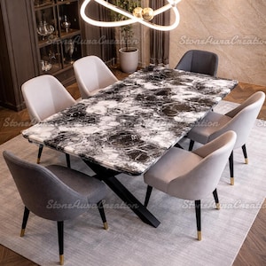 Luxury White & Black Resin Marble Dining Table | Modern Rectangular Stone Table | Industrial X Base Metal Table | Custom High End Furniture