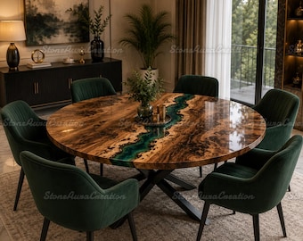 Round Walnut Burl Epoxy Resin River Dining Table | Live Edge Mid Century Modern Furniture