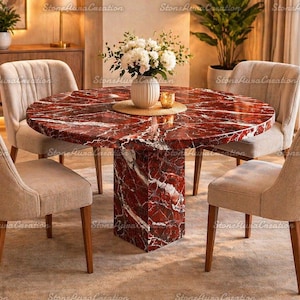 Luxury Red Marble Dining Table Round | Rosso Levanto Stone Table | Pedestal Base Dining Table | Modern Luxury Dining Room Furniture