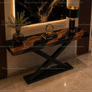 Luxury Black & Gold Epoxy Resin Console Table | Live Edge Wood Entryway Table | Modern High Gloss Sofa Table | Resin River Hallway Furniture