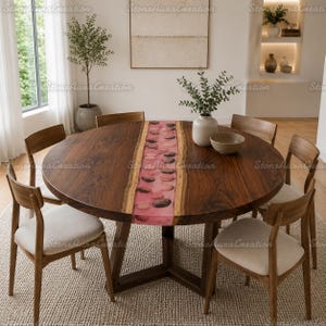 Round Live Edge Walnut Dining Table with Pink Resin River & Stones | Custom Wood River Table Top | Handcrafted Luxury Table, Epoxy Furniture