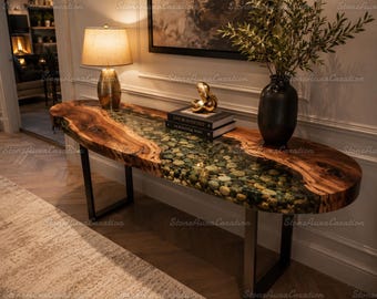 Live Edge Wood Resin Console Table | River Stone Epoxy Entryway Table | Handmade Rustic Modern Sofa Table