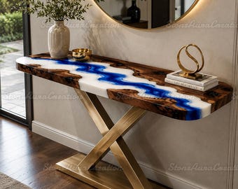 Konsolbord i träharts med live kant, bord i blått Ocean River, handgjort entrébord i epoxi, moderna hallmöbler med mässingsbas