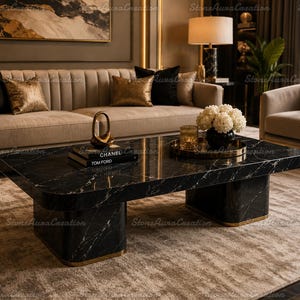 Luxury Black Marble Coffee Table | Nero Marquina  Center Table | Modern Rectangle Veined Marble Tabletop | High End Living Room Furniture