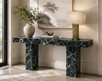 Consola de mármol verde oscuro de lujo, mesa de entrada moderna de piedra natural, mesa auxiliar para sofá de pasillo a medida, muebles de mármol hechos a mano.