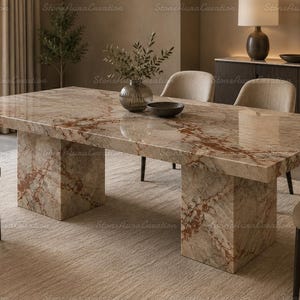 Luxury Rosso Onyx Marble Dining Table, Rectangular Natural Stone, Block Pedestal Base (Custom Handmade)