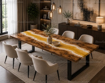 Yellow Epoxy Resin Dining Table, Live Edge Wood River Table, Custom Resin Table Wood Board, Large Luxury Dining Room Table, Handmade Table