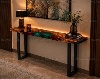 Luxury Blue Epoxy Resin Console Table, Live Edge Walnut River Sofa Table, Modern Entryway Hallway Table, Narrow Long Wood Console Furniture