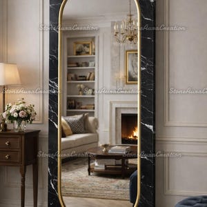 Nero Marquina Style Marble Floor Mirror, Luxury Black Stone Frame Mirror, Handcrafted Arched Full Length Mirror, Minimalist Bedroom Decor