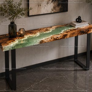 Green Epoxy Resin River Console Table | Live Edge Wood Entryway Table | Custom Hallway Credenza | Luxury Sofa Table | Handmade Console