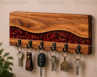 Rustic Wooden Key Hanger with Red Resin River | Wall Mounted Key Holder Organizer | Entryway Storage Decor | Handmade Wood Key Hook