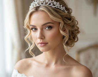 Pearl Rhinestone Flower Tiara Headband | Silver Bridal Wedding Hair Jewelry