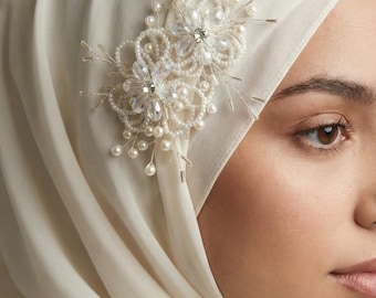 パールクリスタルフローラルヘアピース シルバーワイヤー ブライダルヘアアクセサリー ウェディングヘッドピース