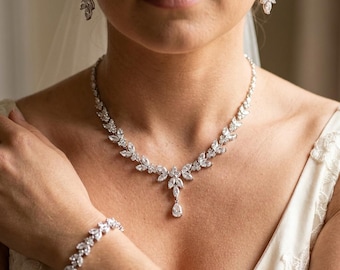Crystal Bridal Jewelry Set, Leaf Design Necklace Earrings Bracelet, Silver Wedding Accessories