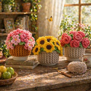 May include: Three crochet flower arrangements in baskets. One has pink flowers, another yellow sunflowers, and the third red roses. The baskets are on white saucers, sitting on a wooden table. A ball of yarn and a crochet hook are also on the table.