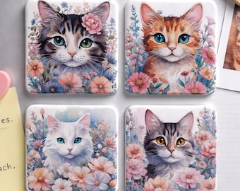 Katten Koelkastmagneten met Bloemen – Set van 4 – Schattige Kat Magneten – Frigo Magneet – Cadeau voor Kattenliefhebber – Keuken Decor