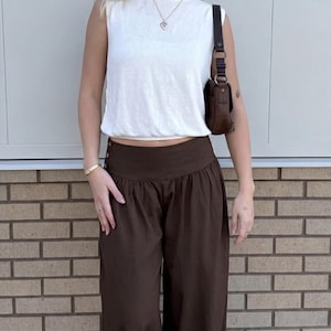 Brown Wide Leg Palazzo Pants Women – 100% Cotton Boho Trousers, High Waist Flowy Summer Pants, Casual Minimalist Wide Leg Trousers