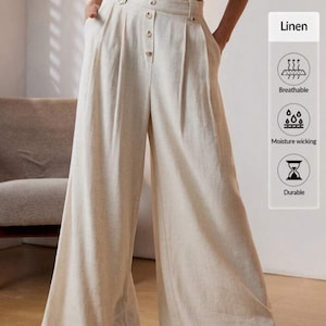 Wide-leg, high-waisted beige linen trousers – Chic flowy palazzo pants for women, minimalist boho style, summer comfort