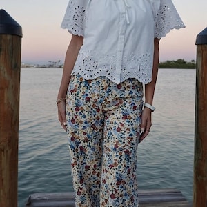 Women's Vintage Floral Wide Leg Pants – High Waist – Boho Floral Print Summer Spring – Boho Chic Cotton Denim Palazzo Pants