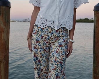 Pantalones anchos de mezclilla de algodón estilo vintage para mujer – Cintura alta – Estampado floral bohemio para verano y primavera – Pantalones palazzo boho chic