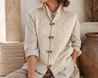 Beige sleeveless vest, textured knit wool blend, high neck, wooden buttons, boho Scandinavian style