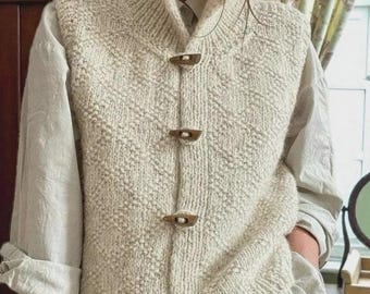 Gilet veste sans manches beige maille Texturée tricotée mélange laine col haut Boutons bois bohème scandinave