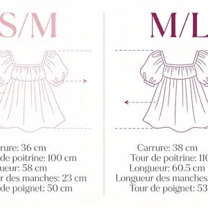 Puede incluir: Dibujo lineal de dos vestidos, etiquetados S/M y M/L, con medidas en cent&iacute;metros. El vestido S/M tiene 36 cm de ancho de hombros, 100 cm de busto, 58 cm de largo, 23 cm de largo de manga y 50 cm de mu&ntilde;eca. El vestido M/L tiene 38 cm de ancho de hombros, 110 cm de busto, 60,5 cm de largo, 24,3 cm de largo de manga y 53,6 cm de mu&ntilde;eca.