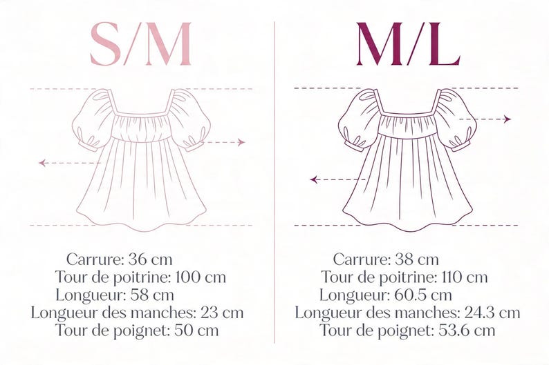 Puede incluir: Dibujo lineal de dos vestidos, etiquetados S/M y M/L, con medidas en cent&iacute;metros. El vestido S/M tiene 36 cm de ancho de hombros, 100 cm de busto, 58 cm de largo, 23 cm de largo de manga y 50 cm de mu&ntilde;eca. El vestido M/L tiene 38 cm de ancho de hombros, 110 cm de busto, 60,5 cm de largo, 24,3 cm de largo de manga y 53,6 cm de mu&ntilde;eca.