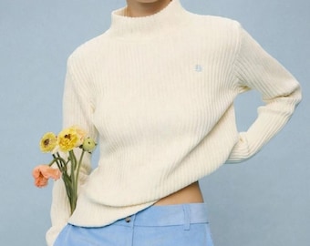 Women's Ecru High Neck Sweater - Cream Ribbed Knit Sweater, Warm Autumn/Winter Long Sleeves, Minimalist Straight Cut, Old Money