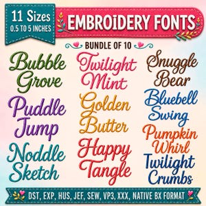 Op de afbeelding: Een digitale borduurlettertypenbundel met 10 unieke stijlen. De lettertypen variëren van 1,27 cm tot 12,7 cm. De afbeelding toont de woorden "Embroidery Fonts" en lettertypenamen zoals "Bubble Grove" en "Twilight Mint".