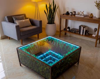 Bespoke Square Infinity Mirror Terrarium Coffee Table 36” Custom Botanical Light Up Centerpiece