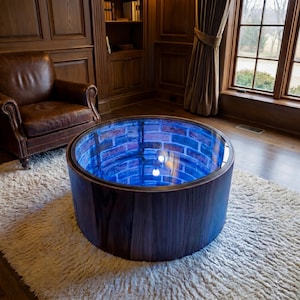 Handgjort runt oändligt önskebrunnssoffbord, 25” diameter, illusionsbord med LED-ljus