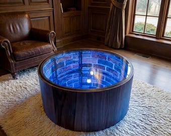 Handmade Round Infinite Wishing Well Coffee Table 25” Diameter Illusion Table with LED Glow