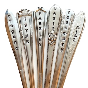 Herb Markers  Set of 6 Spoon Handle Sticks, Best Selling Item, Silver plate recycled handles Basil Rosemary parsley oregano dill thyme