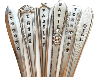 Herb Markers  Set of 6 Spoon Handle Sticks, Best Selling Item, Silver plate recycled handles Basil Rosemary parsley oregano dill thyme