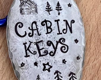 Cabin Keys Keychain: Hand Stamped Recycled Silver Plate, blue Carabiner house, RUSTIC
