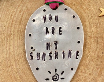 Ornament, You Are My Sunshine, Stamped Recycled Spoon, 2023 Christmas with Pink and Green Ribbon