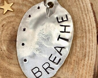 Keychain, BREATHE hand stamped Vintage Spoon Keychain, mindful Yoga Gift, recycled silver plate